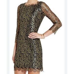 Diane Von Furstenberg Dress Size 2 Gold Metallic Lace Lined Long Sleeve Cocktail